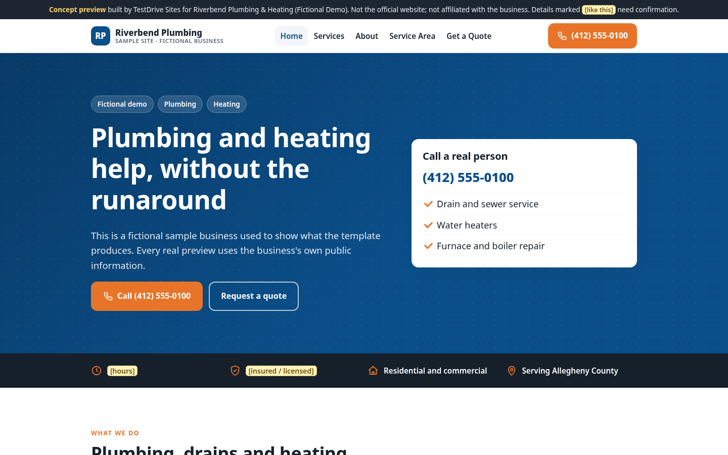 Riverbend Plumbing fictional demo, desktop screenshot